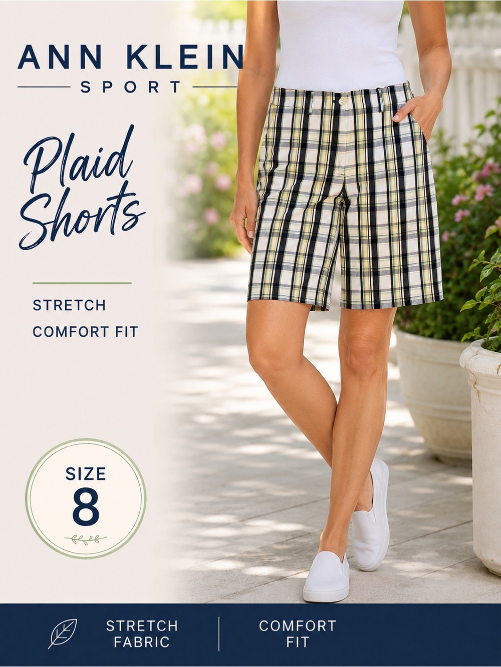 Anne Klein women’s Sport Stretch Plaid Bermuda Shorts | Size 8 | Golf Casual